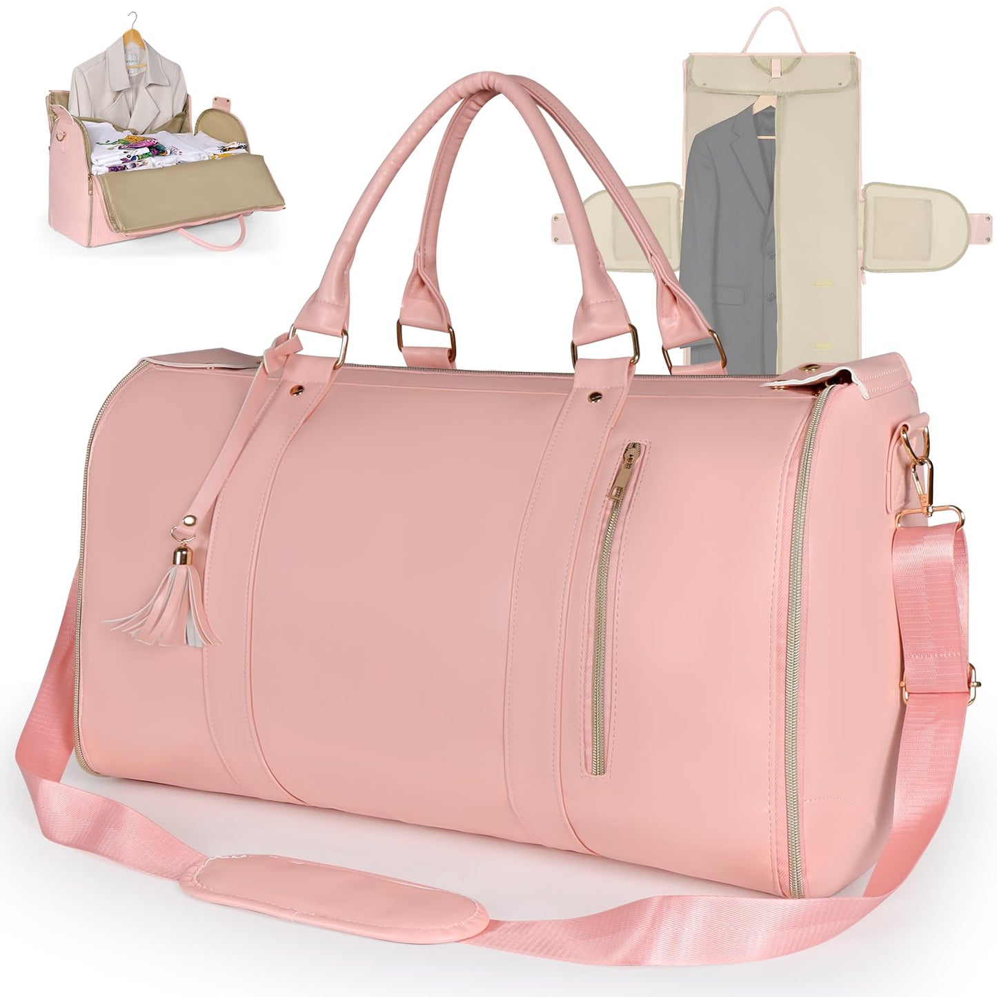 Geestock Convertible Garment Duffle Bags for Travel, Carry On Garment Bag with Shoe Pouch & Shoulder Strap - PU Leather Foldable Travel Duffle Bags 2 in 1 Hanging Dress Suitcase Suit Bag, Pink