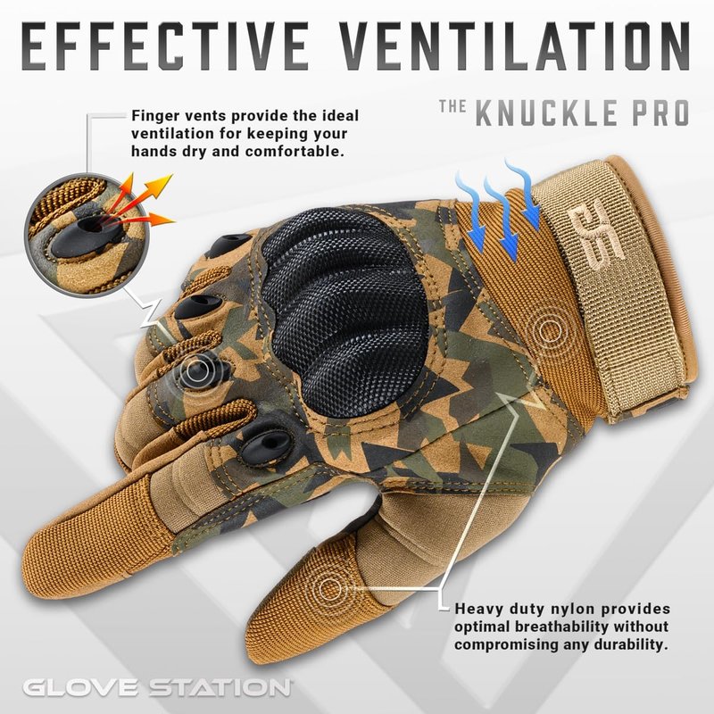 Glove Station Gloves for Men, Touchscreen Utility Gloves with Hard Knuckle Protection for Motorcycle Riding, Airsoft and Outdoor Work, Camouflage, Medium
