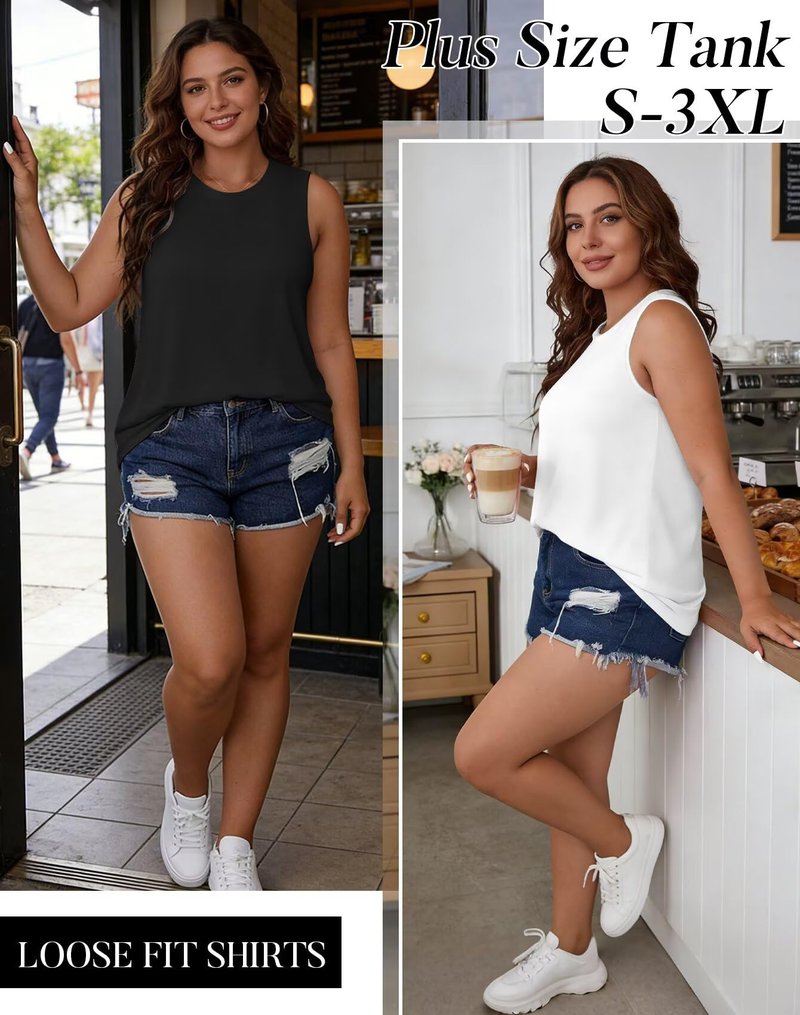KKJ 2 Pack Womens Tank Tops Summer Crew Neck Sleeveless Loose Fit Casual Shirts Flowy Basic Tees Fashion Outfits
