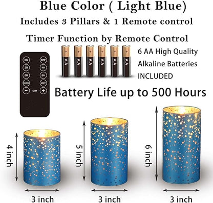 Flameless Blue Mercury Glass LED Pillar Candles with Remote and Timer, Battery Included, Flickering Warm White Light, Set of 3 for Christmas, Holiday, Home Décor, Weddings, Parties