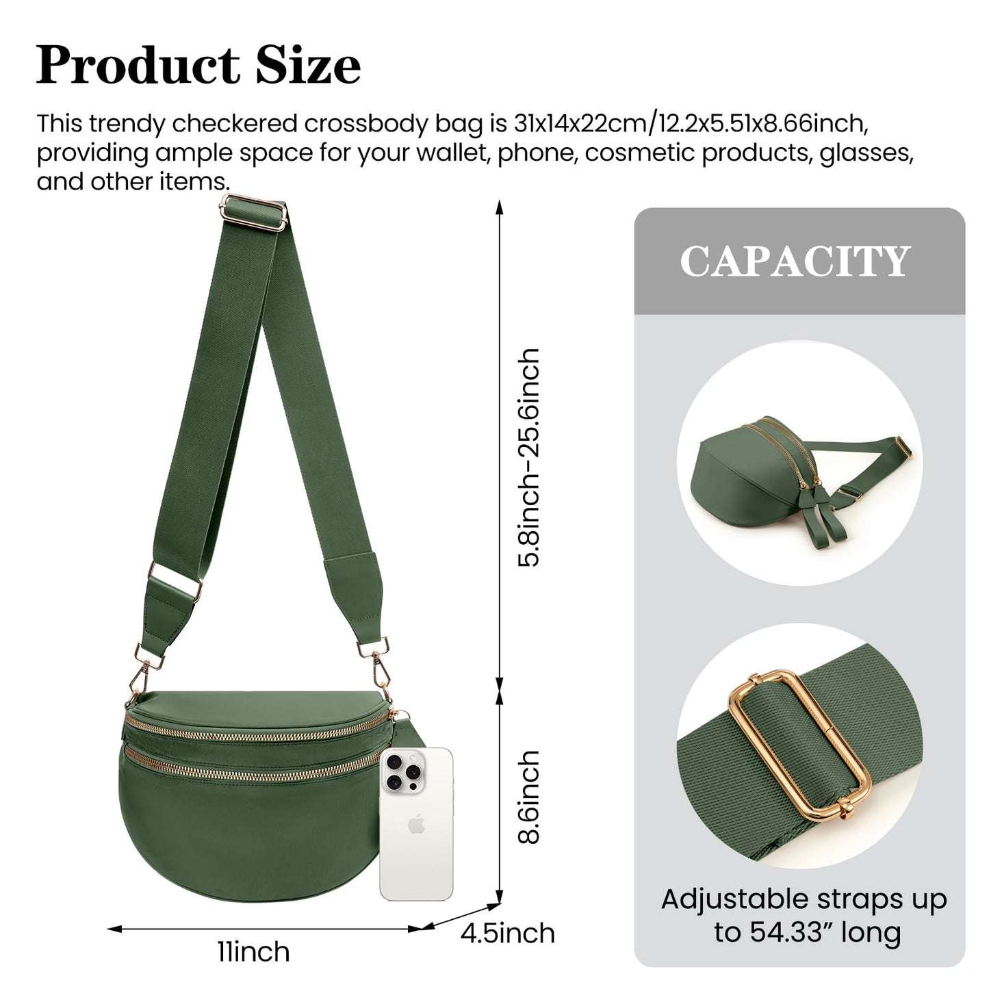Nylon Crossbody Bags Bum Bag for Women Large Sling Bag Purse with Adjustable Strap（Black）