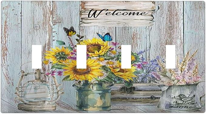 Sunflower Vintage Barn Wooden 4 Gang Decorative light switch plate Cover Sun floral Quad Toggle Wall Plate Covers Switchplate Electrical Faceplate Farmhouse Home Livingroom Decor