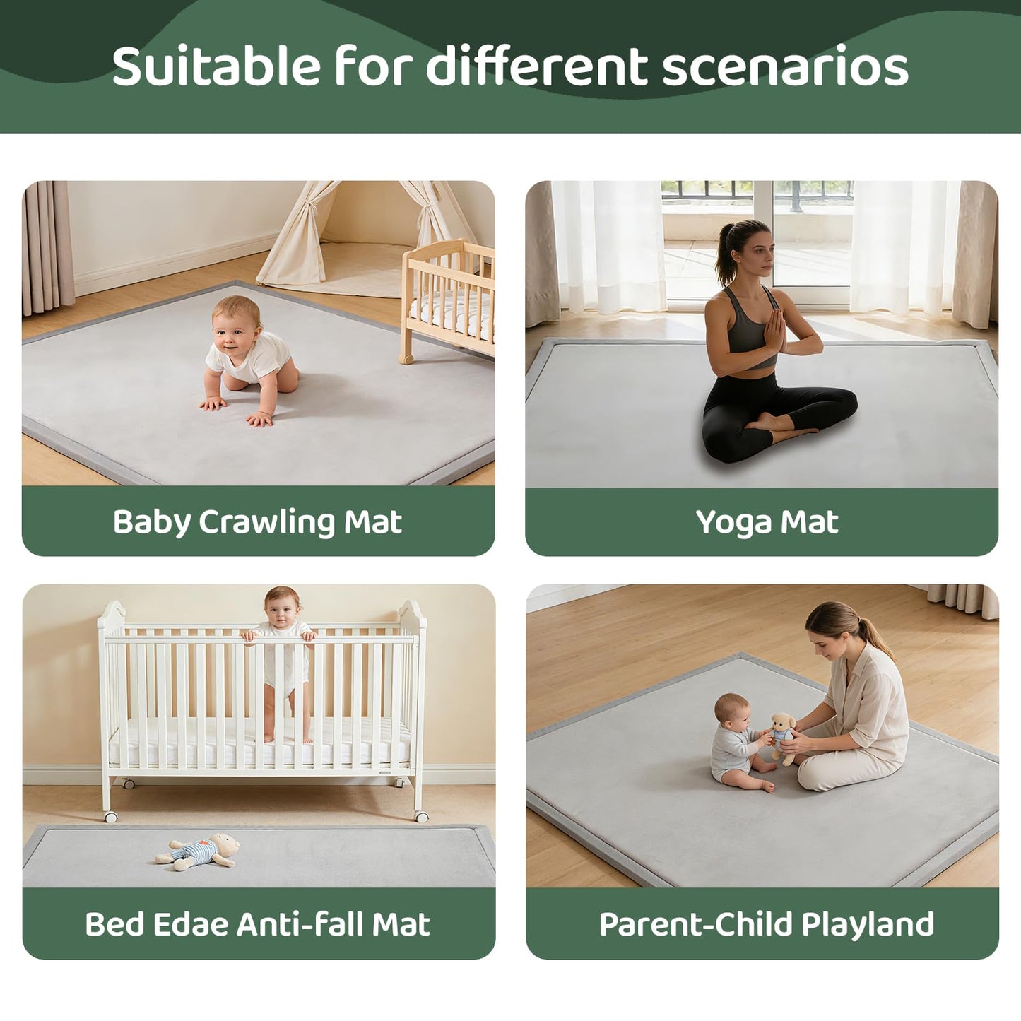 TreeBud Baby Play Mat for Floor, 1.3 Inch Thick Memory Foam Tummy Time Mats with Non Slip Backing, Soft Coral Velvet 50×50 Inch Playpen Mat Crawling Tatami for Infants Toddlers Kids, Light Grey