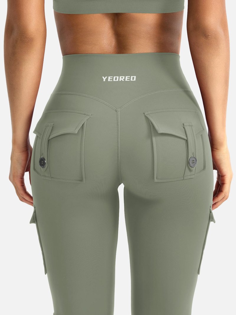 YEOREO CoreFlex Women Workout Flare Leggings with Pockets Hidden Scrunch High Waisted Cargo Gym Yoga Leggings Light Army Green XL