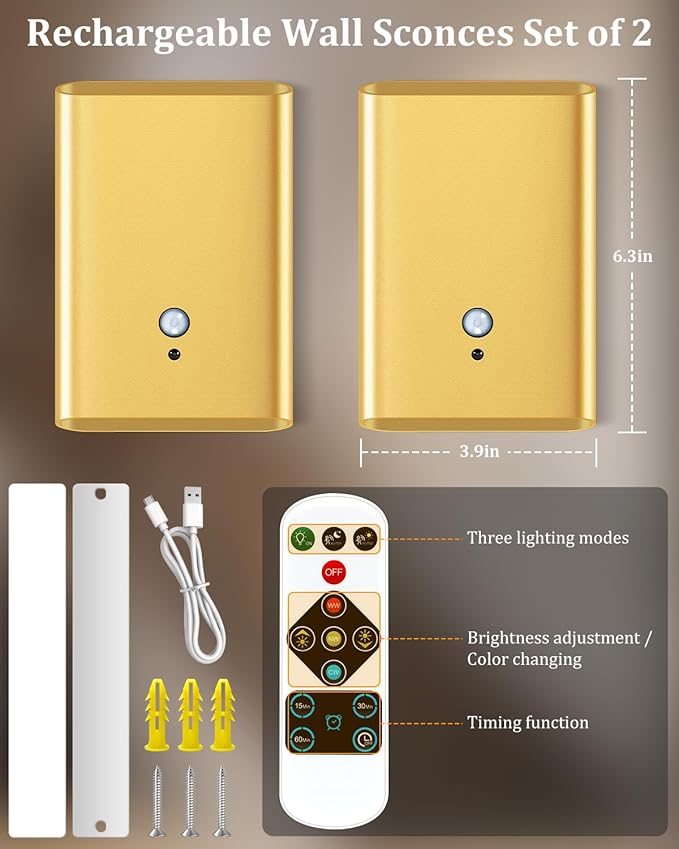 Motion Sensor Wall Lights Gold - Home Decor Light Battery Operated Wall Light Indoor Set of 2 Magnetic Wall Friendly, Decor for Hallway Stairway Dining Room Bedroom Living Room(Gold 2pcs)