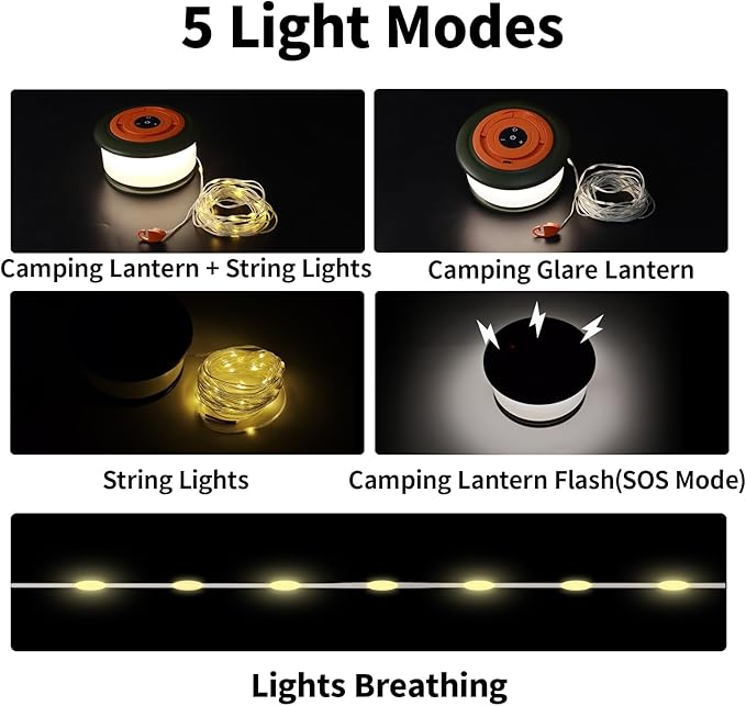 Camping String Lights, 3 in 1 Outdoor Camping Light with 6 Lighting Modes, Quick Storage 32.8FT Rechargeable Tent Lantern, Portable LED Hanging Light for Outdoor Patio Awning Garden Party