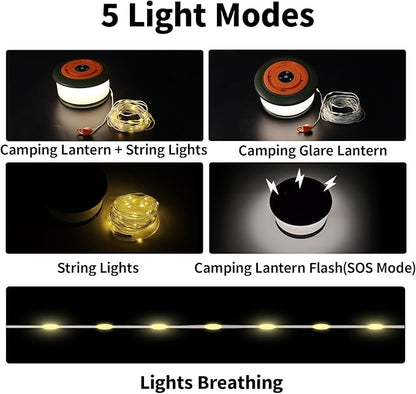 Camping String Lights, 3 in 1 Outdoor Camping Light with 6 Lighting Modes, Quick Storage 32.8FT Rechargeable Tent Lantern, Portable LED Hanging Light for Outdoor Patio Awning Garden Party