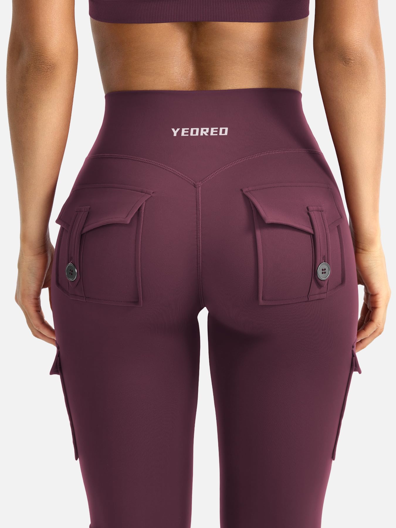 YEOREO CoreFlex Women Workout Flare Leggings with Pockets Scrunch Cargo Gym Yoga Leggings Black Cherry M