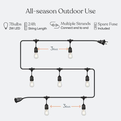 Brightech Ambience Pro - 24 Ft Waterproof LED Outdoor String Lights - Hanging, Dimmable 2W Vintage Edison Bulbs - Commercial Grade Patio Lights Create Cafe Ambience in Your Backyard, 7 Bulbs