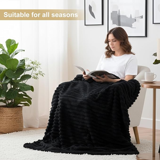 decorUhome Soft Fleece Black Blanket Queen Size for Bed, Cozy Fluffy Plush Flannel Large Striped Throws for Couch Sofa, Lightweight Decorative Fuzzy Blanket for Woman, 90x90 Inches