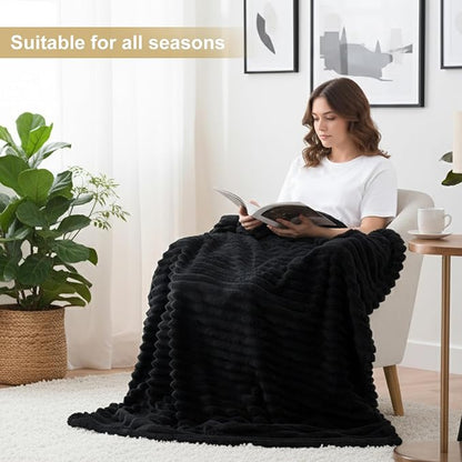 decorUhome Soft Fleece Black Blanket Queen Size for Bed, Cozy Fluffy Plush Flannel Large Striped Throws for Couch Sofa, Lightweight Decorative Fuzzy Blanket for Woman, 90x90 Inches