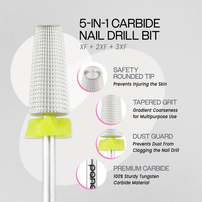 PANA Nail Carbide 5 in 1 Bit - Two Way Rotate use for Both Left and Right Handed - Fast Remove Acrylic or Hard Gel - 3/32" Shank - Manicure, Nail Art, Drill Machine (Fine - F, Silver)