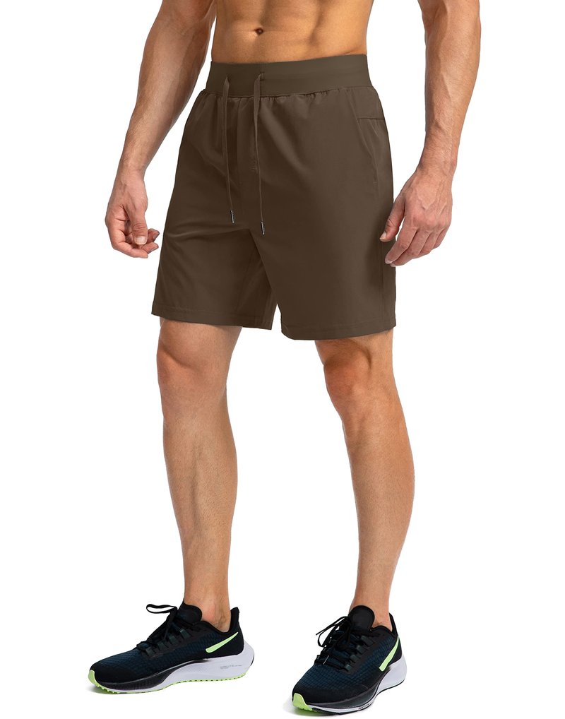 Soothfeel Men's Running Shorts with Zipper Pockets 7 Inch Lightweight Quick Dry Gym Athletic Workout Shorts for Men (Brown, 3XL)