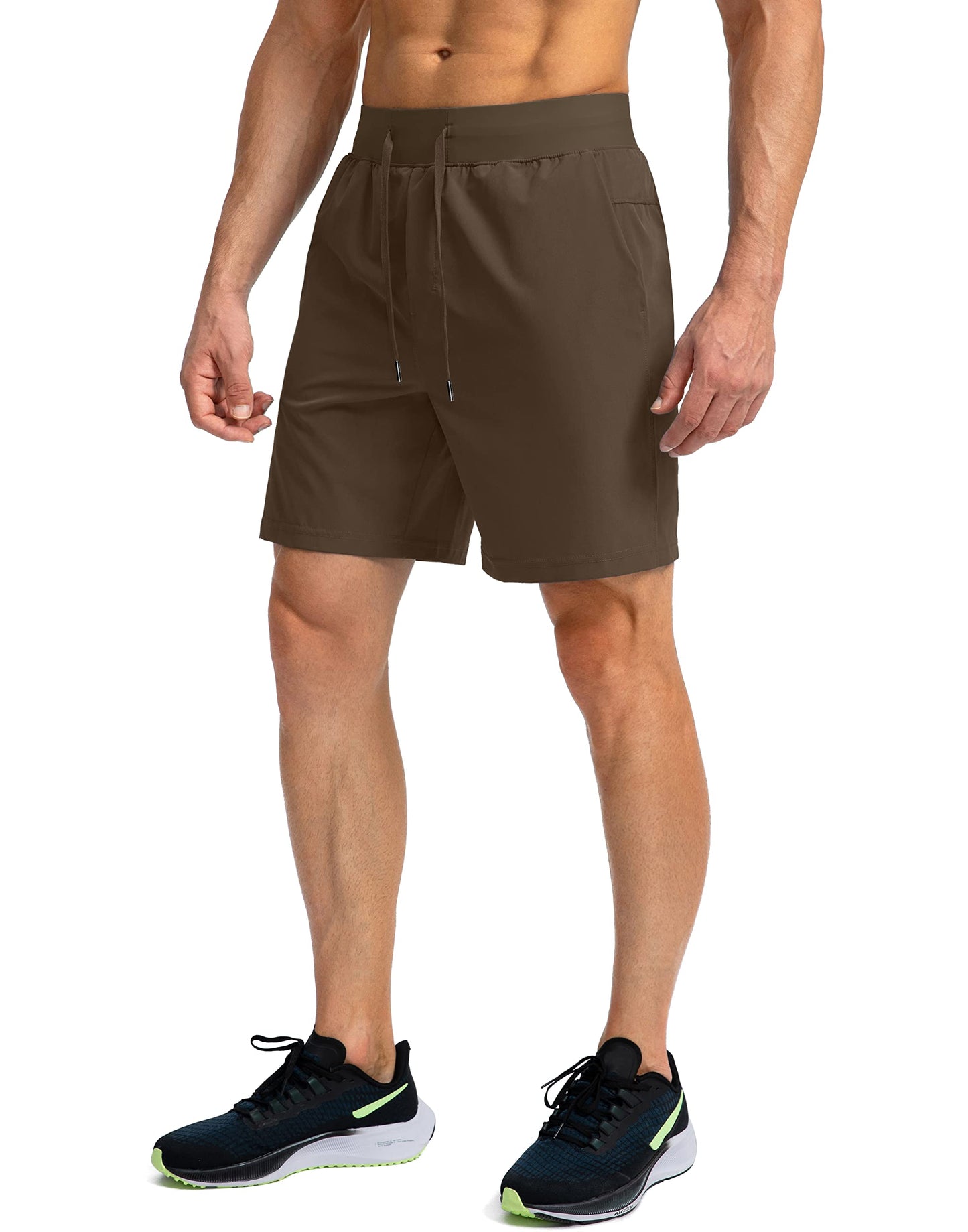 Soothfeel Men's Running Shorts with Zipper Pockets 7 Inch Lightweight Quick Dry Gym Athletic Workout Shorts for Men (Brown, M)