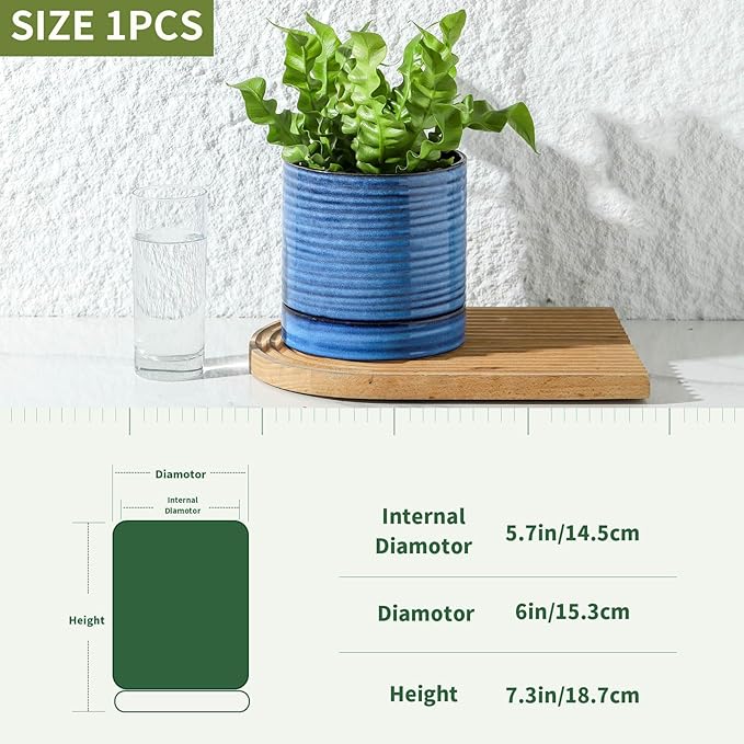 Hasense 6 Inch Plant Pot, Porcelain Planter Pot with Drainage Hole and Tray, Indoor/Outdoor Reactive Glazes Succulent Cactus Planter, Modern Decorative Gifts for Family and Friends, Blue