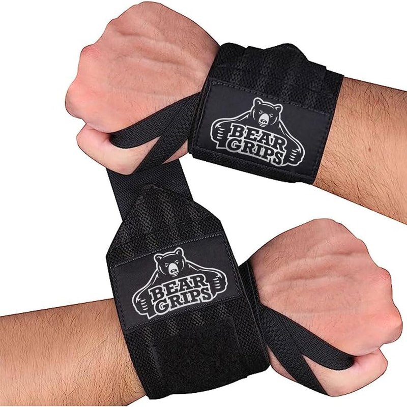 Bear Grips Extra Strength Gym Wrist Wraps for Weightlifting | 2 Compression Protectors | Quad Stitching | 18 Inches | Black, Unisex