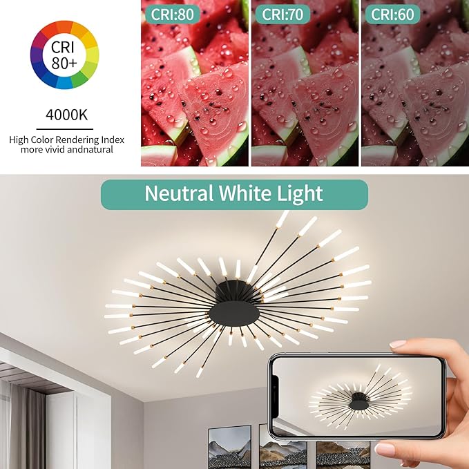 ziidoo Modern Ceiling Light, 42 Lights Metal Firework Designed Chic Led Lighting Fixture for Farmhouse Kitchen Dining Room Bedroom Hallway Living Room (Black)