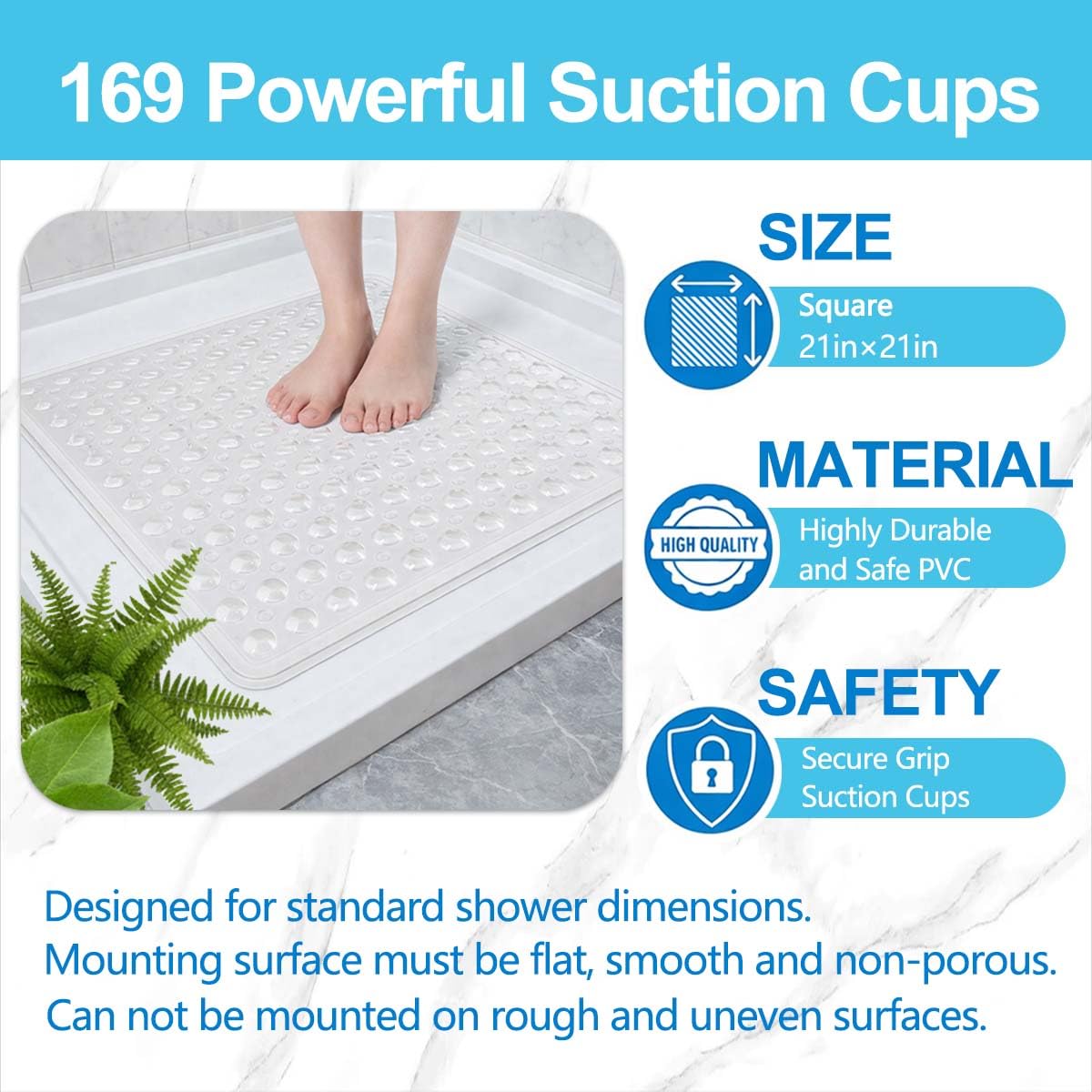YOVLOSIN 21 x 21 Inch Shower Stall Mat Non Slip, Square Bath Mat for Stand Up Showers with Suction Cups and Drainage Holes, Machine Washable, Clear