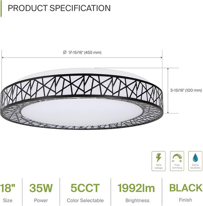 ASD 18 Inch LED Flush Mount Ceiling Light Fixture for Bedroom, 35W 1992LM 5CCT 2700K-5000K, Triac Dimmable Lights, Dining, Living Room, Kitchen Lamps, Modern Home Lighting Fixtures, Black, ETL