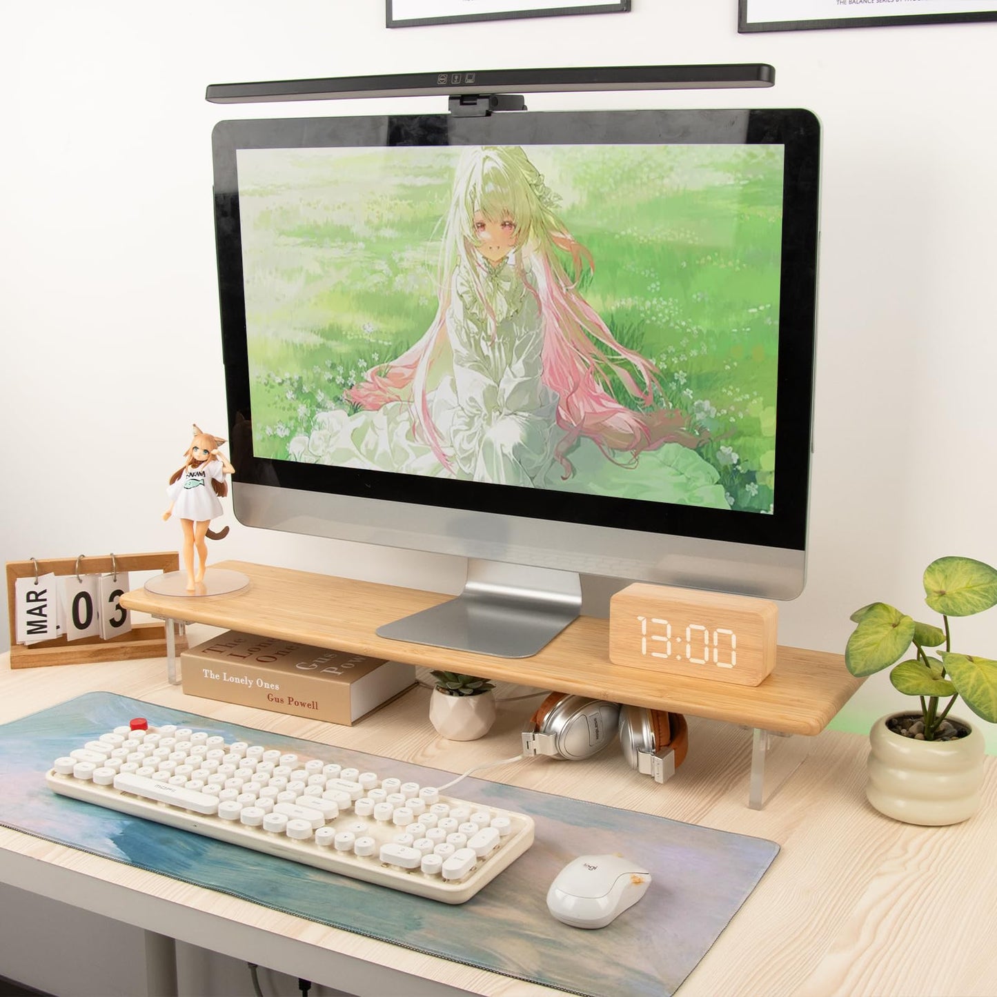 ROCDEER Bamboo Monitor Stand Riser with Acrylic Legs for Desk, 31.5 Inches Desktop Shelf Supports for PC Computer Monitor, Laptops, Printer, Speakers (Natural)