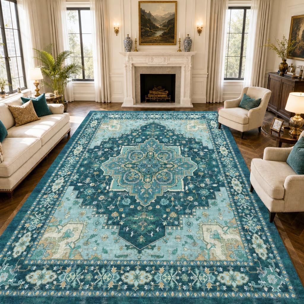 AMADA HOMEFURNISHING 8x10 Area Rug for Living Room, Vintage Washable Area Rug Low-Pile & Non-Slip Carpet for Bedroom Dining Room Nursery Home Office, Teal Blue