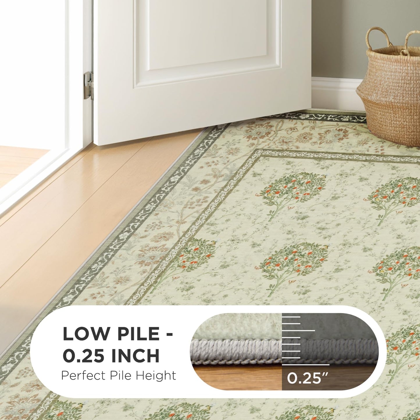 Joydeco Boho Floral Large Rugs for Living Room Nursery, Washable Beige Kids Bedroom Rug 8x10 Under Bed, Botanical Non Slip Throw Carpet for Playroom Kids Dining Room Dorm Classroom, Beige