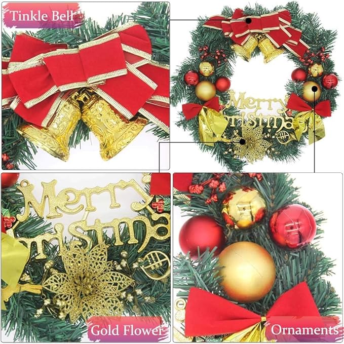 H&W Medium Christmas Wreath (15.8 Inch / 40 cm) for Front Door Wall Windows Artificial Poinsettia Xmas Decoration with Tinkle Bell Bowknot and Small Ornaments (MC7-D1)