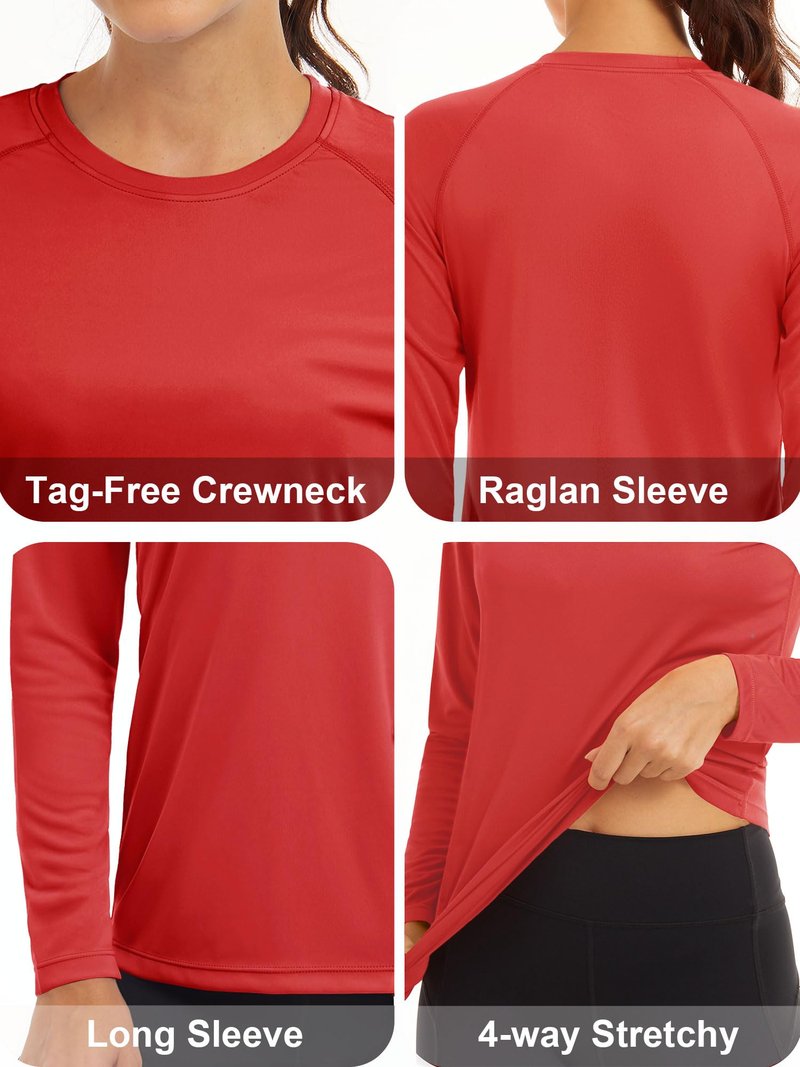 MAGCOMSEN Women's Sun Protection Long Sleeve Shirts - Workout & Running Shirts - Moisture Wicking UV Protection - Tomato Red