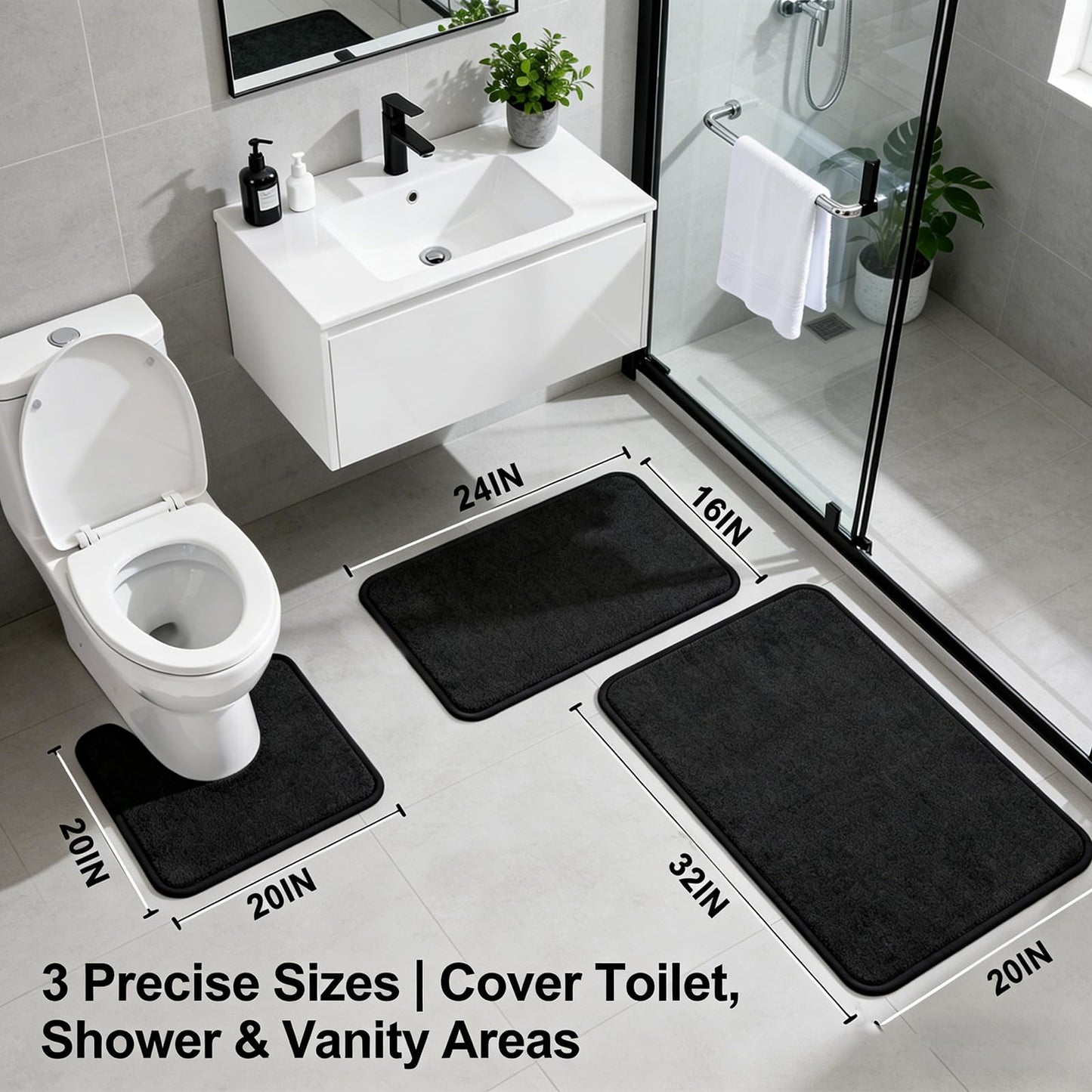 Black Bathroom Rug Set Memory Foam Bath Mats 3 Piece with Toilet Mats, Soft & Supportive, Shock Absorbing, Water Absorbent, Non-Slip Bath Rugs, Machine Washable, Area Rug, Home Decor Accessories