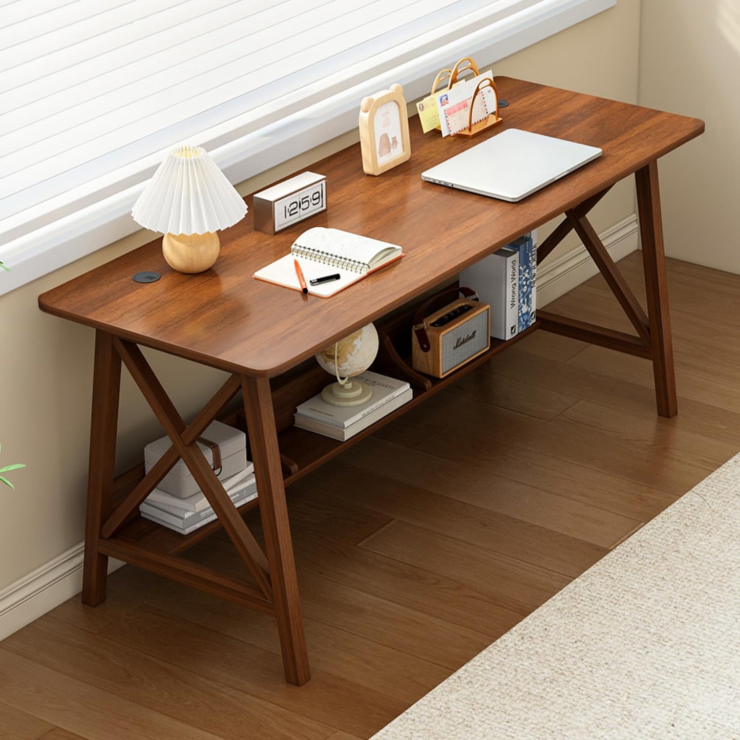 NELYE Extra Long Desk with Bookshelf - Wooden Home Office Work Study Table, Writing Computer Workstation with Storage Shelf in Walnut, 55" Wx20 Dx30 H