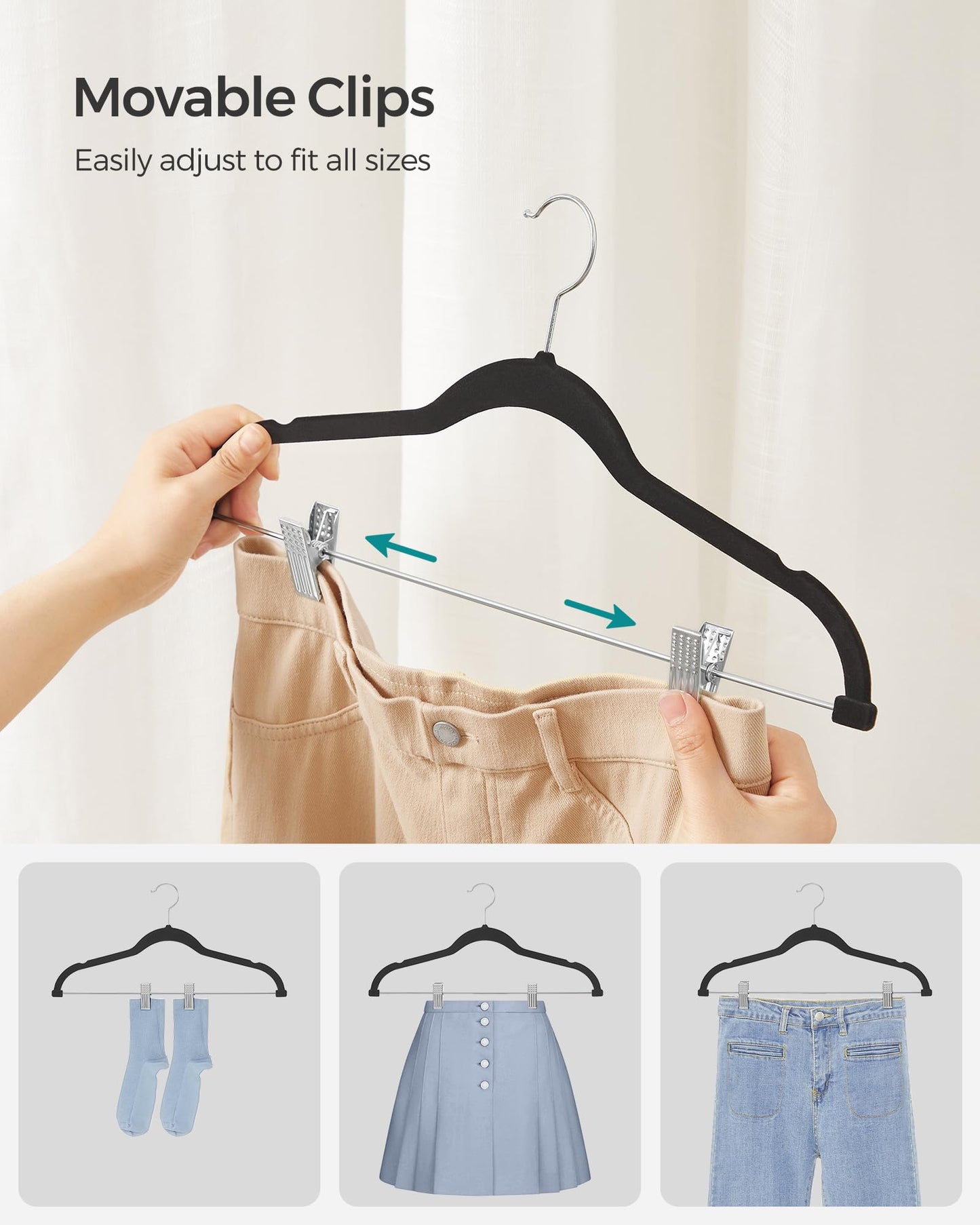 SONGMICS 30-Pack Pants Hangers, 16.7-Inch Long Velvet Hanger with Adjustable Clips, Heavy-Duty, Non-Slip Skirt Hangers, Space-Saving for Pants, Skirts, Coats, Dresses, Black UCRF12B30