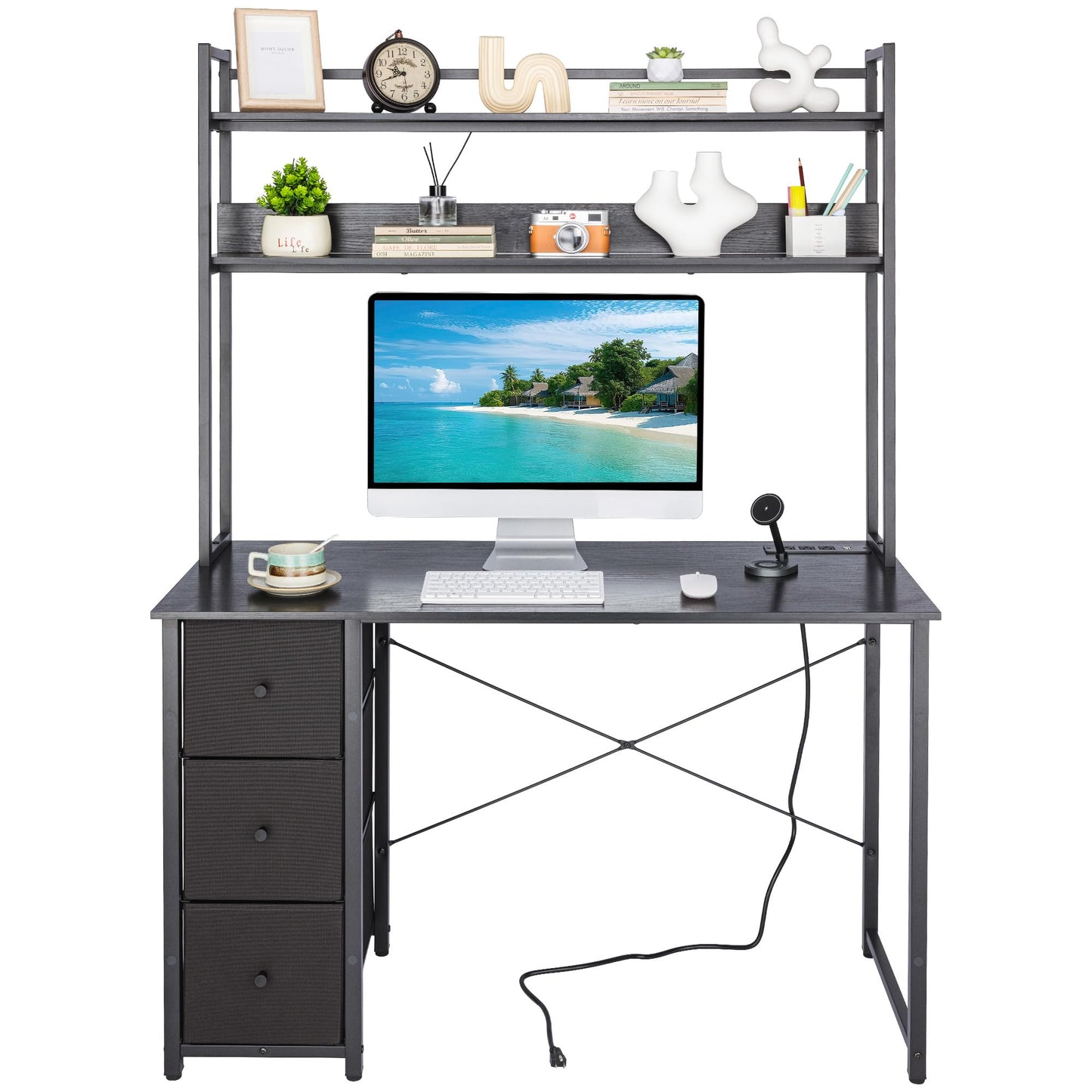 Aquzee Computer Desk with Drawers, 47 inch Desk Hutch, Gaming Desk with Storage Shelves, Power Outlets & Bookshelves, Study Writing Desks for Bedroom Living Room Home Office, Black