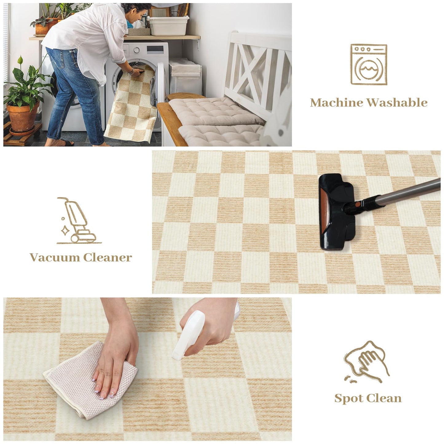 Machine Washable 5x7 Area Rugs for Living Room Checkered, Non Slip Soft Low Pile Farmhouse Geometric Modern Neutral Playroom Boys Rugs for Bedroom, Large Carpet Rugs for Dining Room(Ivory,5'x7')