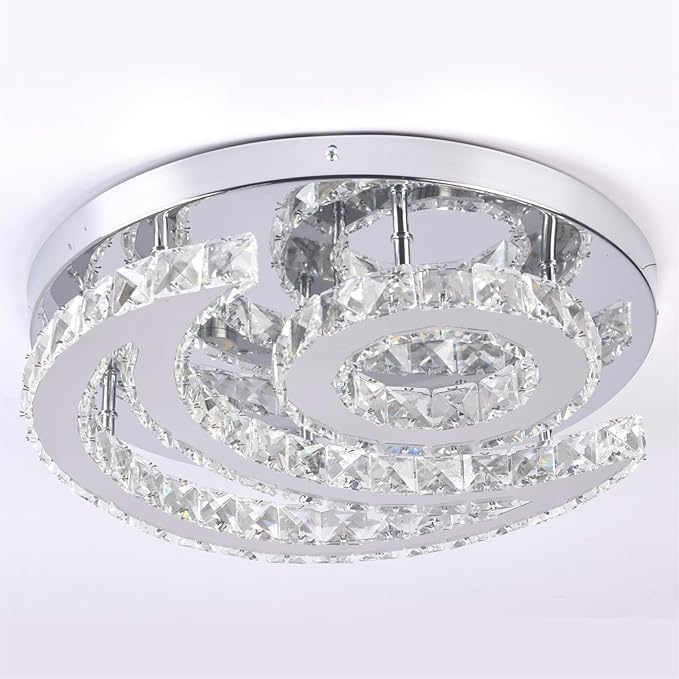 CXGLEAMING 15.7" Modern LED Ceiling Light Flush Mount Crystal Chandelier Light Fixture Round Moon Shape Modern Chandeliers for Living Room Bedroom Bathroom Hallway(3 Color Changable)
