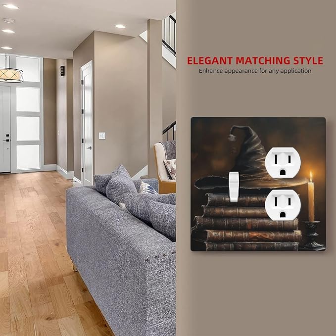Decorative Art Light Switch Covers Wizard’s Hat & Spellbooks 2 Gang Single Toggle Duplex Combination Electrical Faceplate Switchplate Wall Plate for Home Decor