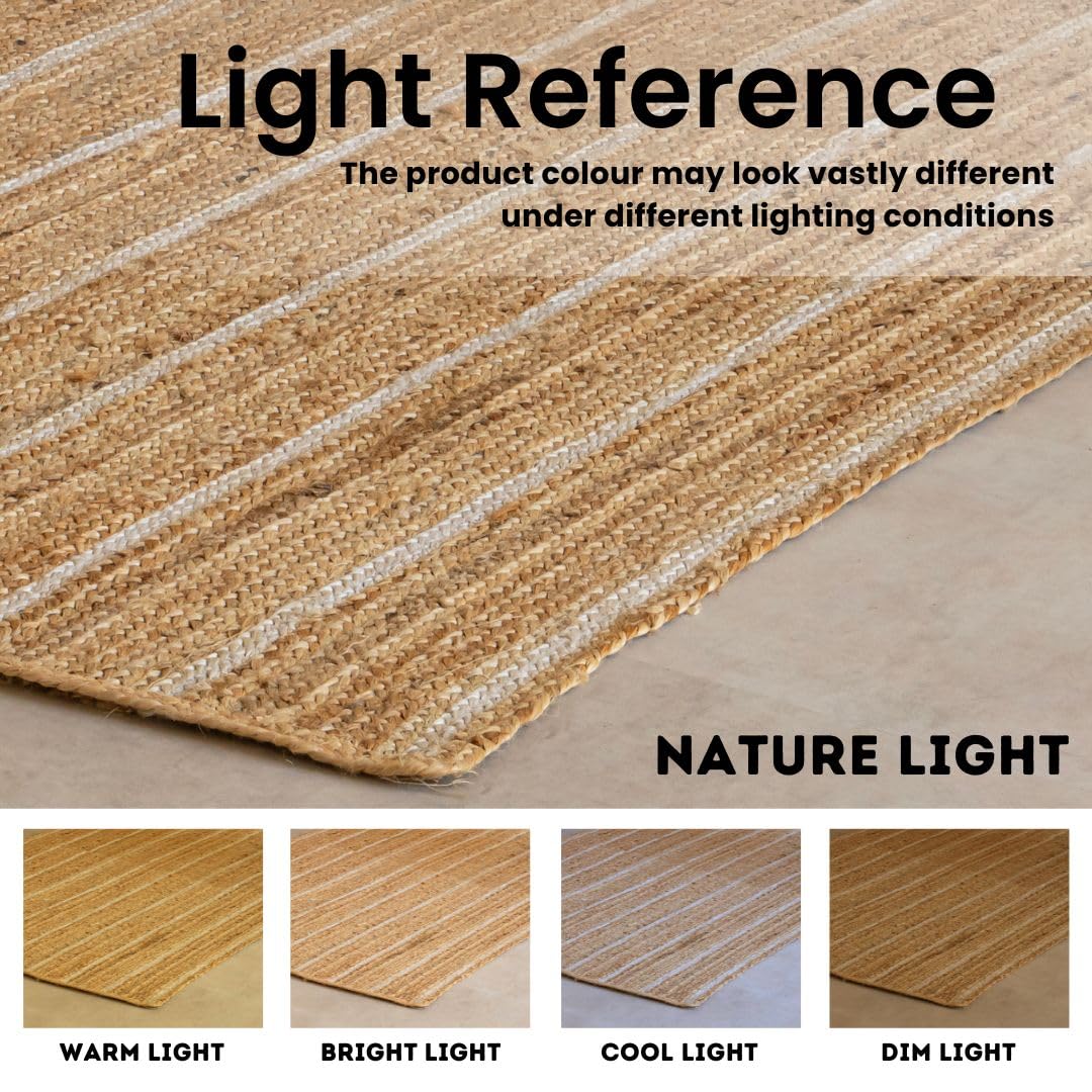 HOMEMONDE Natural Braided Jute Area Rug 6x9 ft - Off White Stripe Eco Friendly Premium Fiber - Hand Woven Rustic Vintage Reversible Braided Rugs for Bedroom, Kitchen, Living Room and Dining Room