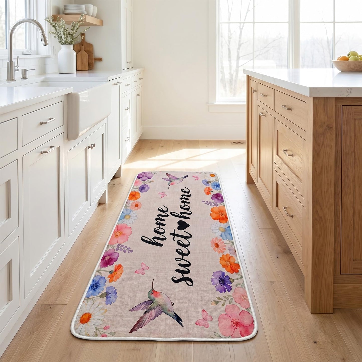 Kitchen Mats for Floor 3PCS,Non Slip Waterproof Kitchen Sink Rugs,Washable Spring Hummingbird Floral Door Mat Comfort Standing Mat for Laundry, Desk, Bar, Office,17“x32”+17“x47”+17“x60”(Hummingbird)