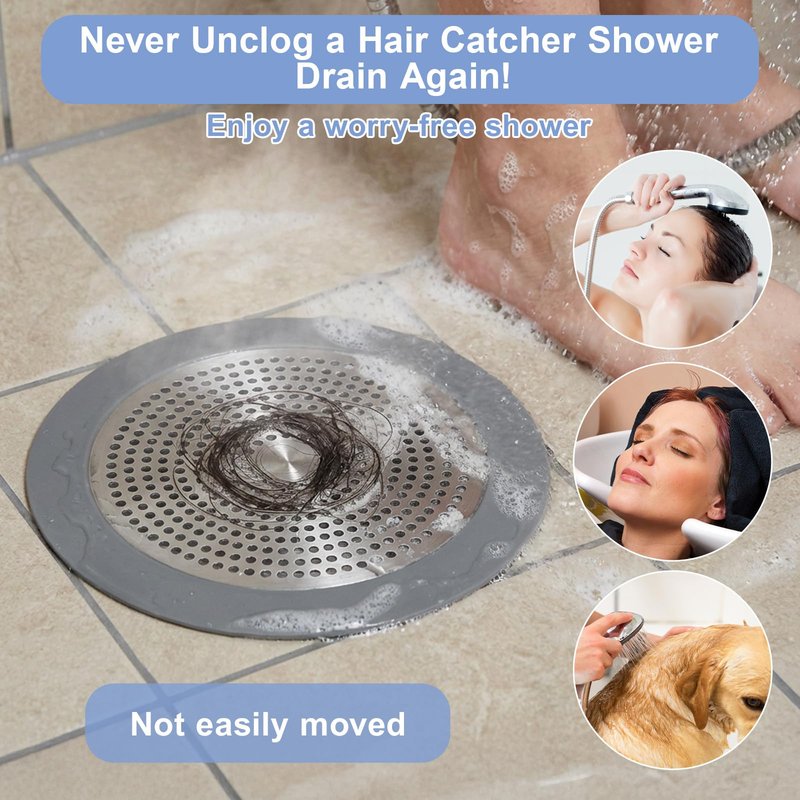 Shower Drain Hair Catcher, 5.7in Stainless Steel Bathtub Hair Catcher Drain Cover Bathroom Tub Sink Protector Flat Shower Drains Cover with Silicone Rim