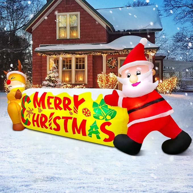 KOOY 10FT Christmas Inflatables Outdoor Decorations Santa and The Deer,Blow up Yard Decorations with LED Light Up for Xmas,Outdoor Christmas Decorations for Yard Holiday Party Garden Lawn Décor
