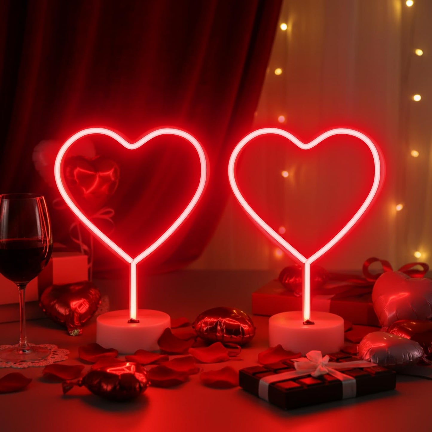 Retisee 2 Pack Heart Neon Signs with Holder Base LED Neon Light USB or 3-aa Battery Powered Heart Light for Valentine Gifts, Bedroom, Wedding, Pink Room Decor(Red)