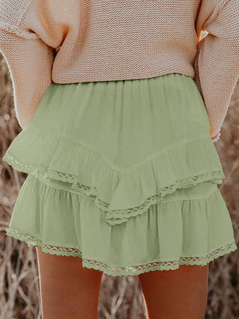 Aoudery Flowy Shorts for Women Casual Boho Ruffle Tiered Skorts High Waist Mini Skirts Golf Tennis Butterfly Crochet Shorts - Grey Green XS