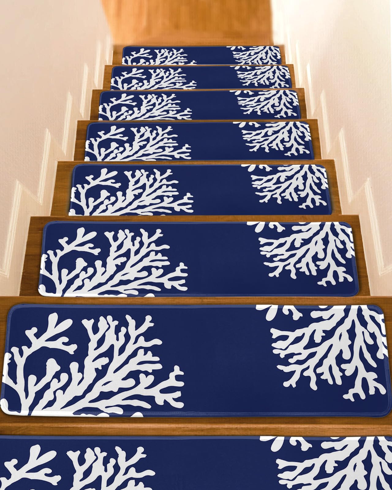 LBCASA Stair Treads Non Slip Indoor for Wooden Steps, Navy Blue Coral 15 Pcs Stair Mats for Kids Elders Dogs, 8 x 30 Inch Coastal Summer Beach Nautical Seaside Carpet Treads Runner Rugs for Staircase