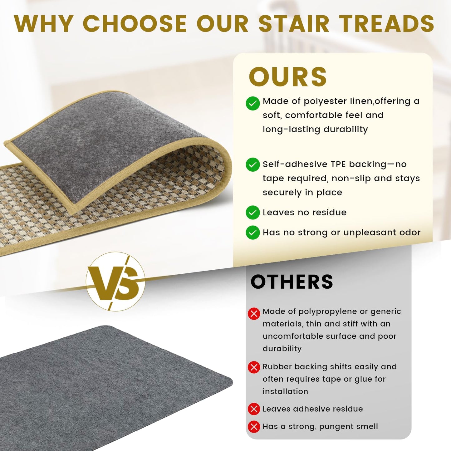 SMILOOL Stair Treads Non Slip for Wooden Steps Indoor 9" x 36" 4 Pack Extra Wide Stair Tread Carpet Stairs Runner, Step Pads with Reusable Adhesive for Dogs Kids Elders, Machine Washable, Beige