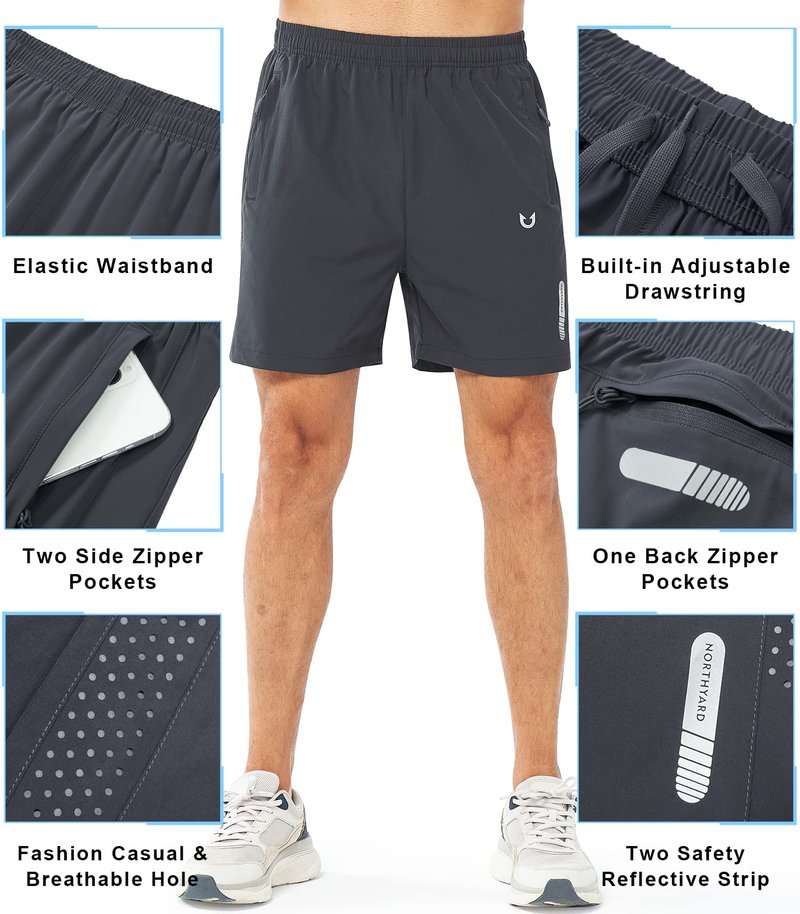 NORTHYARD Men's Athletic Running Shorts Gym Workout 7"/9"/5" Quick Dry Lightweight Sports Basketball Tennis 3 Zipper Pockets DARKGREY-5inch M