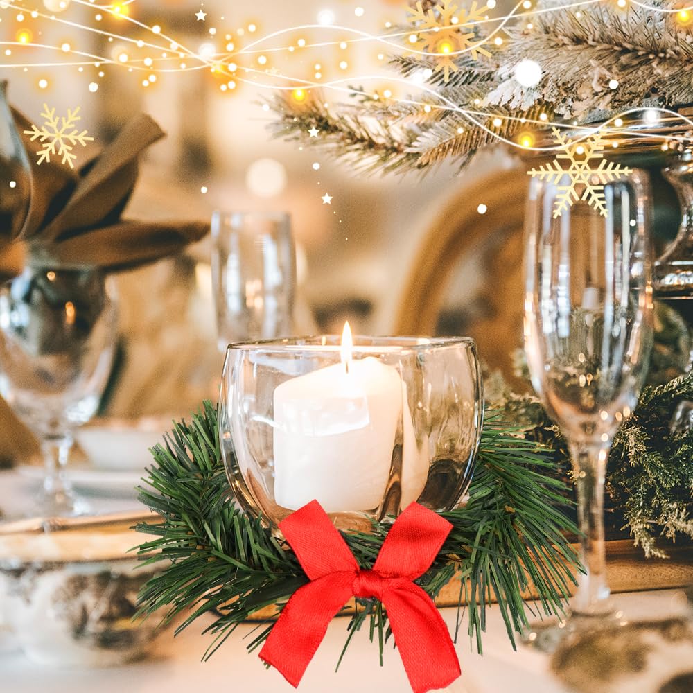 YBB 12Pcs Christmas Candle Rings with Red Black Plaid Bow, Small Artificial Wreath Candle Holder Rings, Fits 3.9 Inch Pillars Candle Tapers for Rustic Wedding Centerpiece Christmas Table Decoration