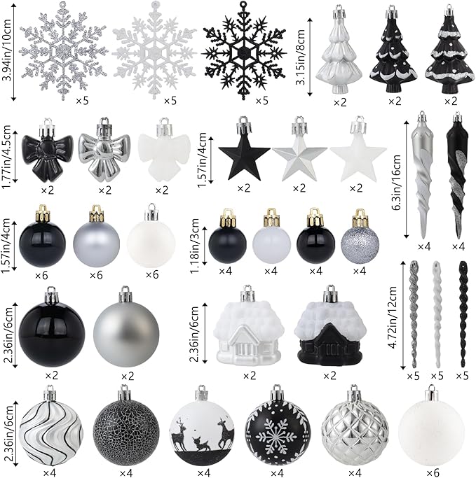 124Ct Black White and Silver Christmas Tree Ornaments Set,Shatterproof Assorted Christmas Decorations for Xmas Tree Snowflake Icicle House Ball Ornaments Baubles for Holiday Party(Black White Silver)