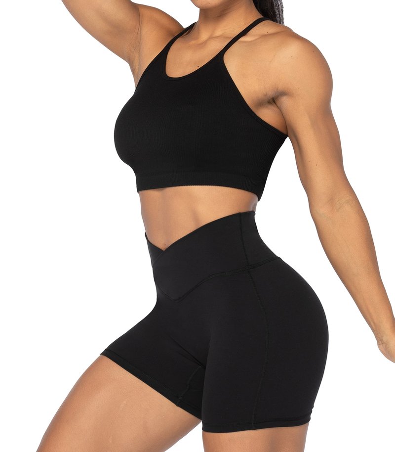 Sunzel Sunzfly Crossover Biker Shorts for Women, V Criss Cross High Waist Yoga Workout Gym Shorts with Tummy Control 4" Black Medium