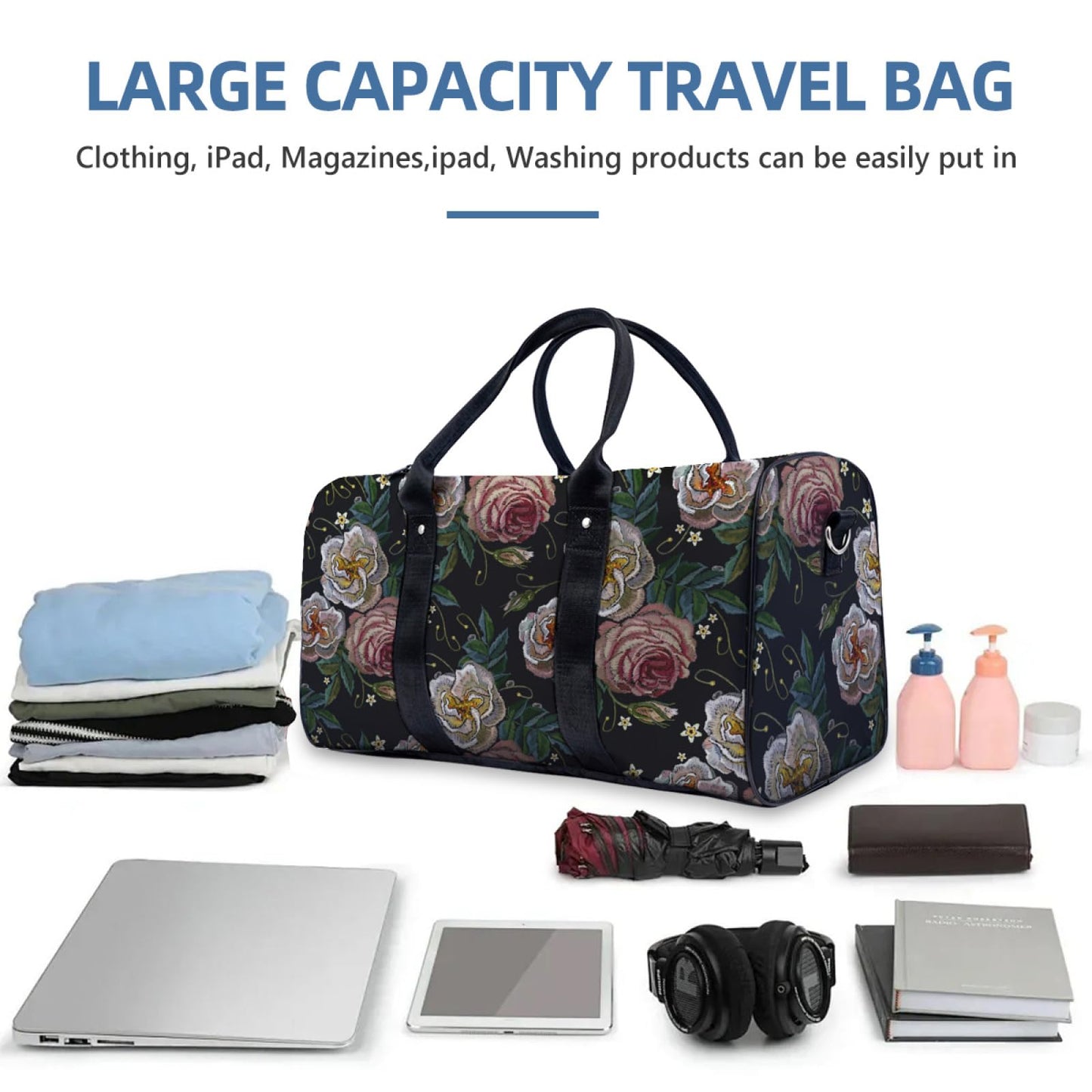 Rose Pattern Duffle Bag with Adjustable Shoulder Strap Large Capacity Gym Bag Weekender Bag for Travel Gym Hospital