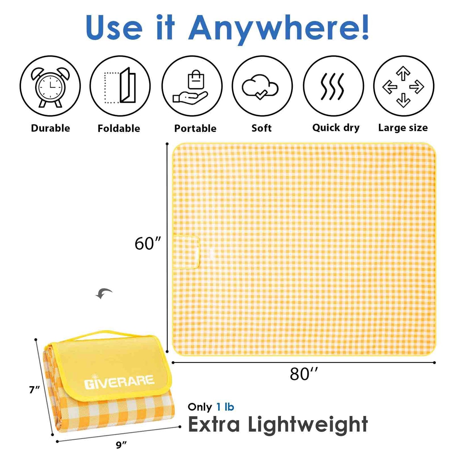 Picnic Beach Blanket Extra Large, XL Sandproof Waterproof Outdoor Camping Blankets 80x60in, Sand Free Oversized Mat, Quick Drying Portable Mats for Travel, Hiking, Music Festival, Lawn-Yellow