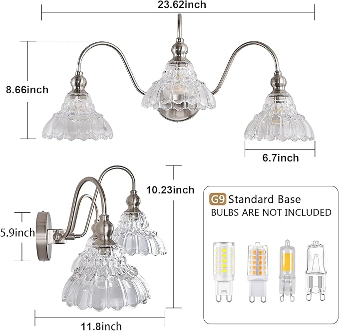 3-Light Brushed Nickel Bathroom Vanity Light Fixtures Vintage Bathroom Light Vanity Lighting Fixtures for Living Room Over Mirror